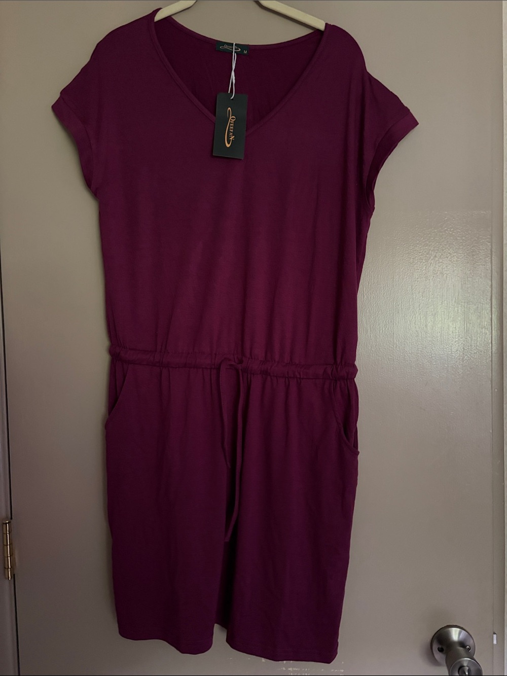 Casual V-Neck Drawstring Midi Dress - Plum